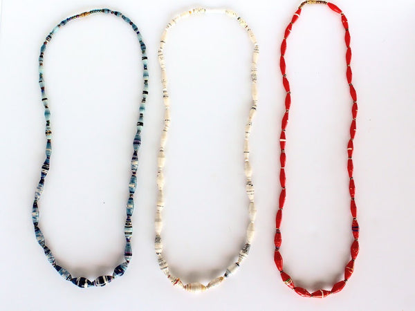 Cielo necklaces in blue, white, and red